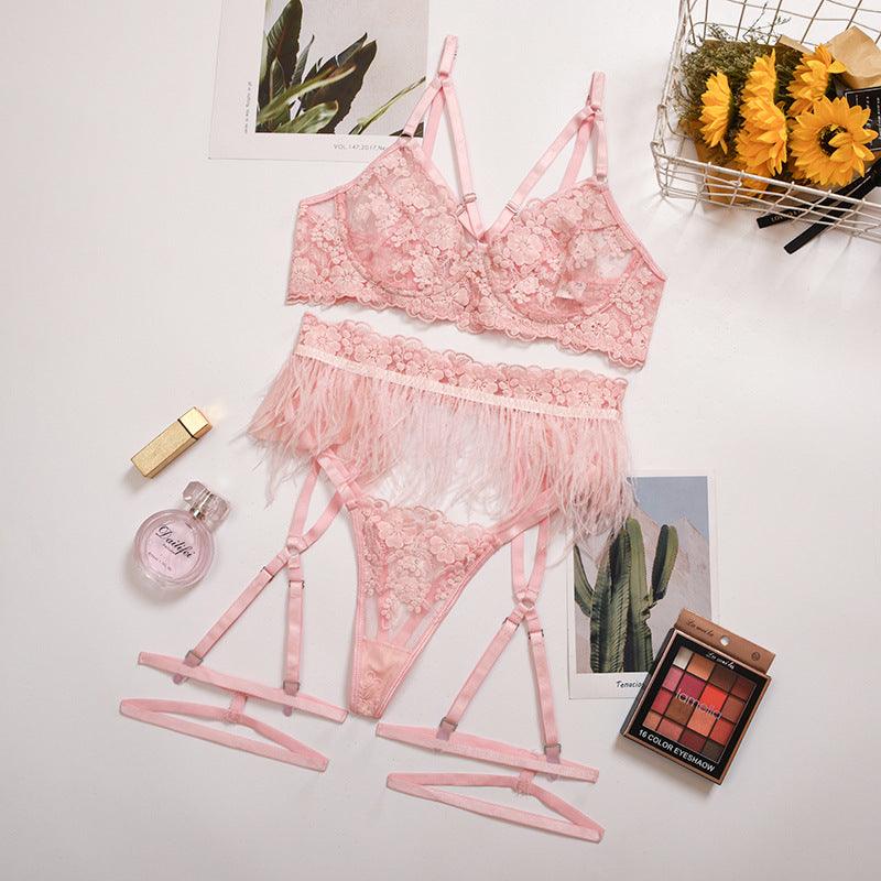 Ladies Sexy Underwear Lace Feather Lingerie 3Pc Set