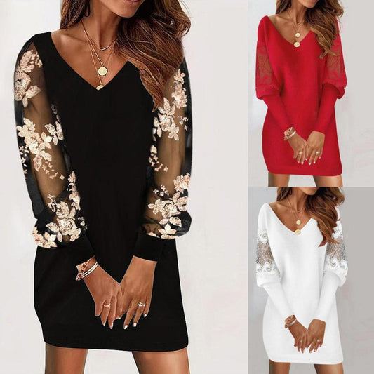 Ladies Long-sleeved V-neck Style Lace Splicing -Various Colours