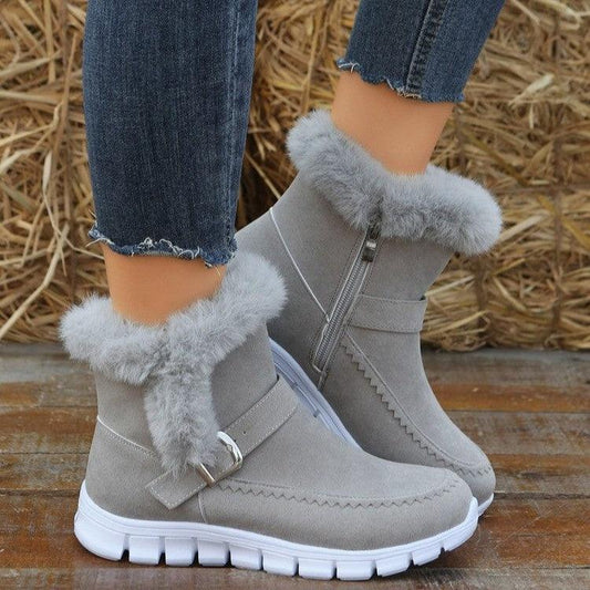 Ladies Warm Plush Ankle Snow Boots With Buckle Design