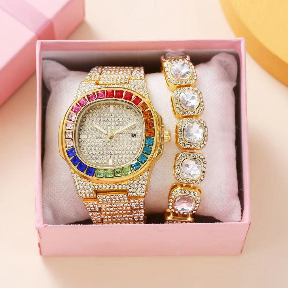 Quartz Wrist Watch Beautiful Full Diamond Inlaid Steel Square Belt - Ladies