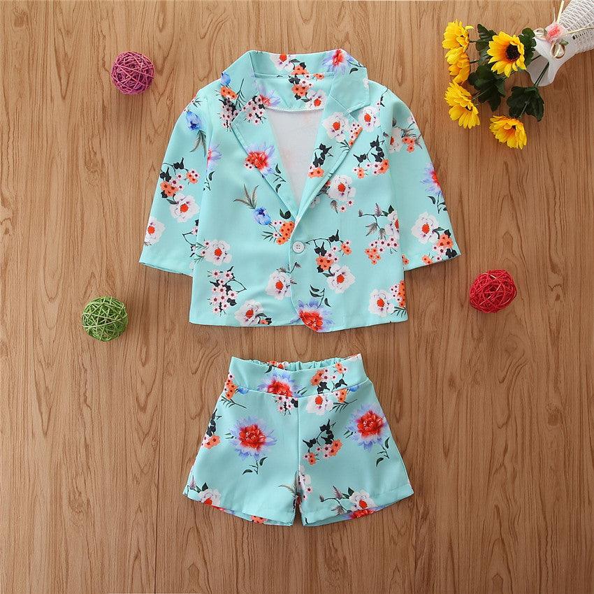 Girls Western Style Flower Suit Jacket & Shorts Outfit Sets