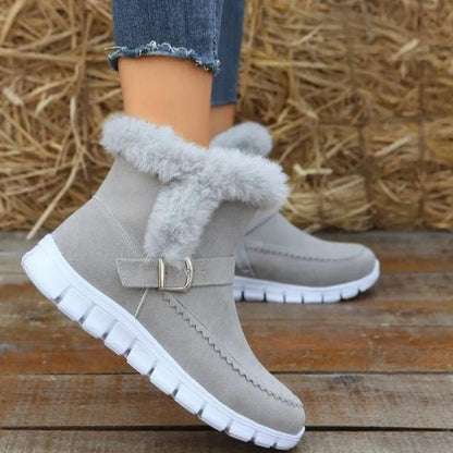 Ladies Warm Plush Ankle Snow Boots With Buckle Design