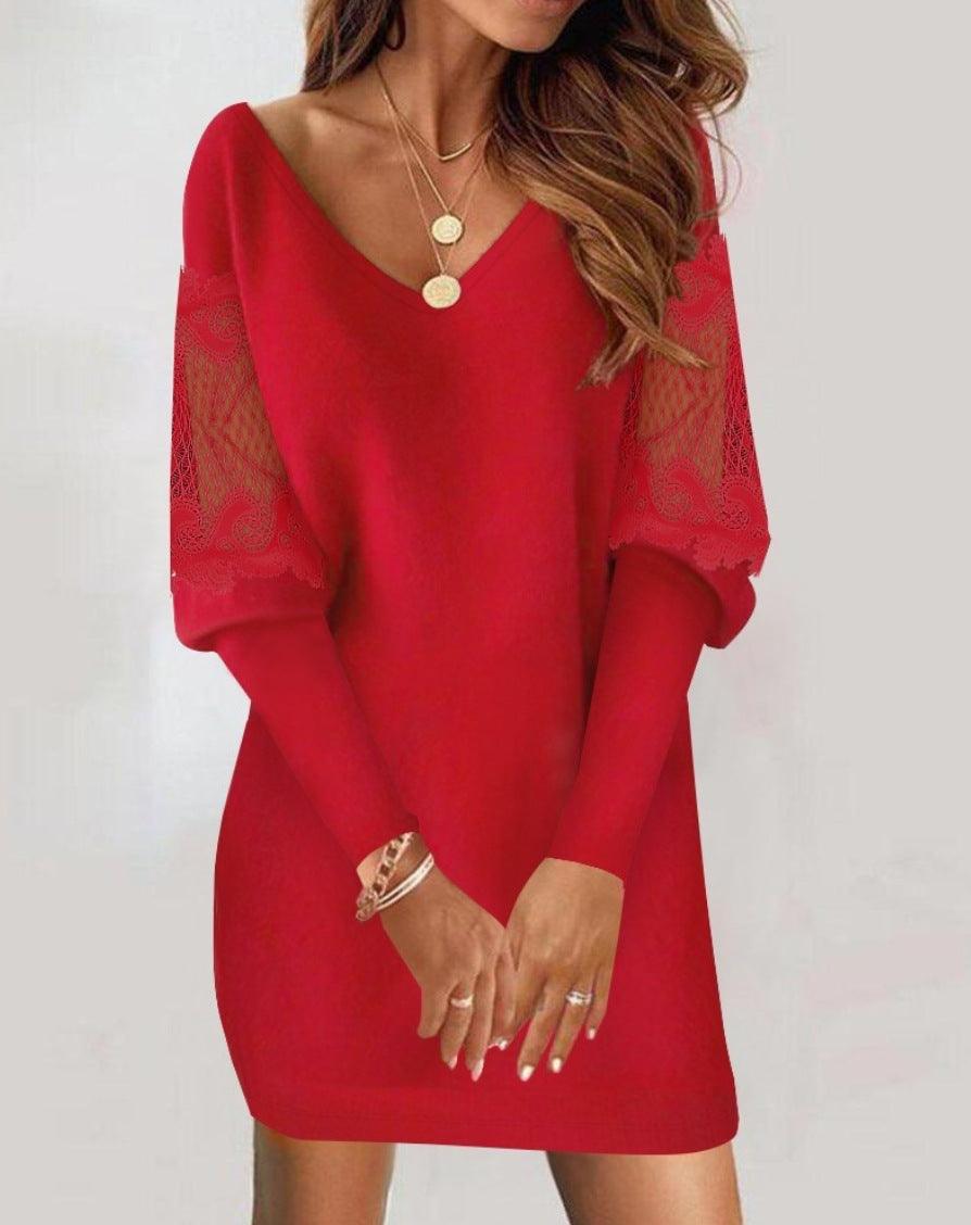 Ladies Long-sleeved V-neck Style Lace Splicing -Various Colours