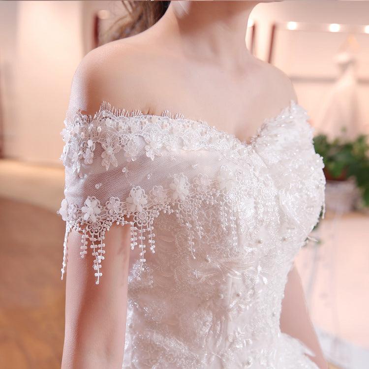 Breath-taking Wedding Ball Gown Puff Skirt Dress With Beautiful Lace Shoulder Covering